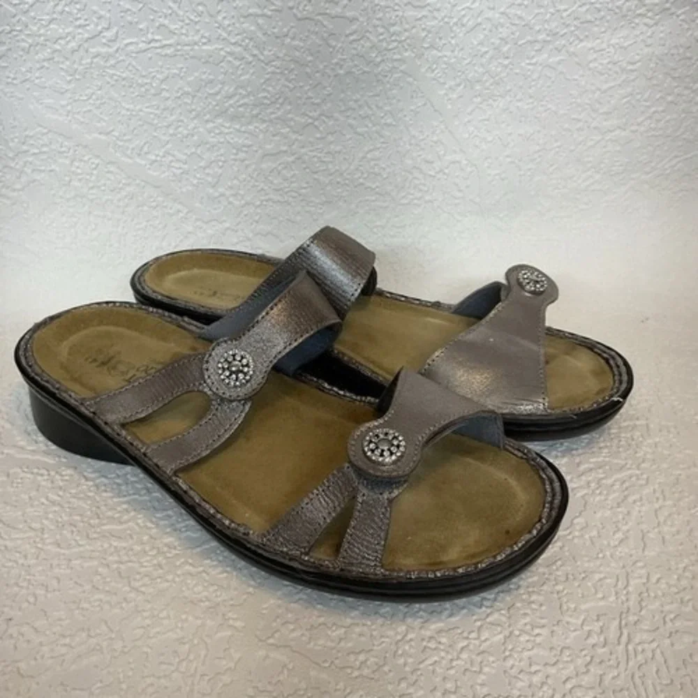 Naot Melody Metallic Road‎ Pewter Leather Double Strap Sandals Women 10 Israel